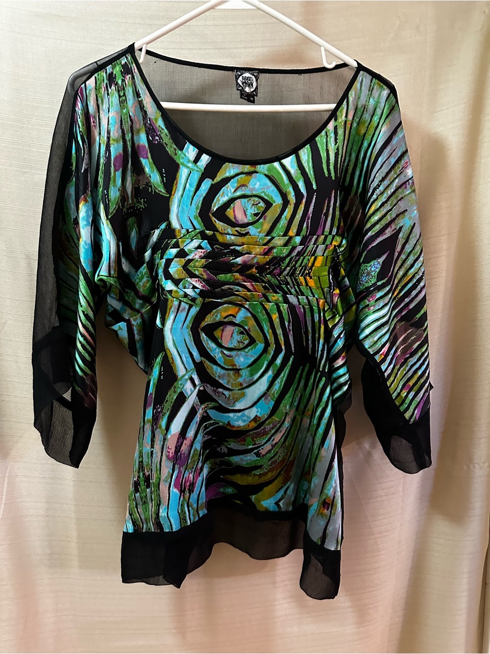 Daniel Rainn 100% Silk Abstract Print Sheer Kimono Sleeve Boho Blouse Top Medium
